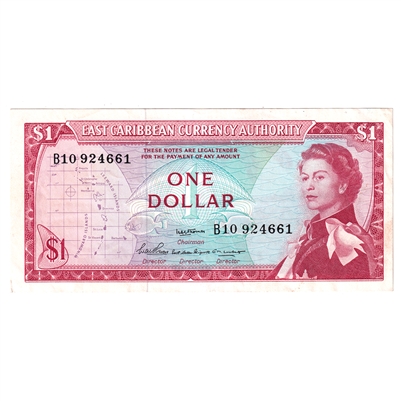 East Caribbean States 1965 1 Dollar Note, Pick #13a, Signature 2, AU 