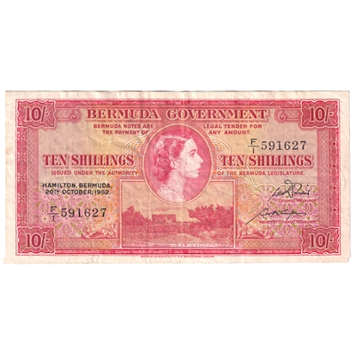 Bermuda 1952 10 Shilling Note, Pick #19a, VF 