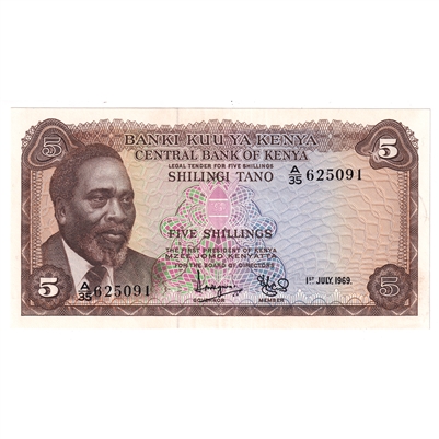 Kenya 1969 5 Shilling Note, Pick #6a, EF-AU 