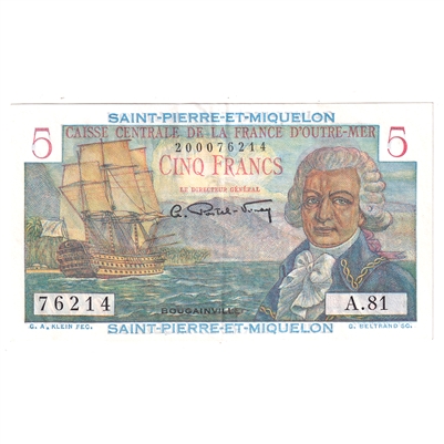 St. Pierre & Miquelon 1950-60 5 Franc Note, Pick #22, VF 