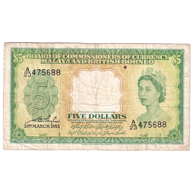 Malaya & British Borneo 1953 5 Dollar Note, Pick #2a F 