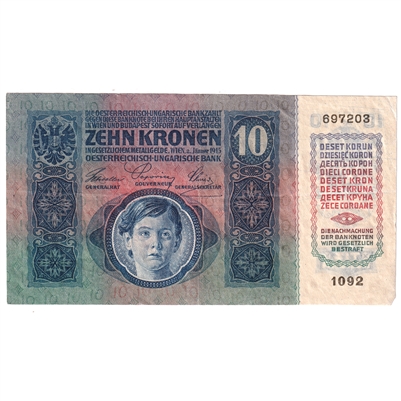 Austria 1915 10 Kornen Note, Pick #19, EF 