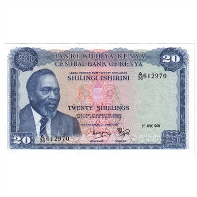 Kenya 1969 20 Shilling Note, Pick #8a, AU-UNC 