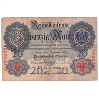 Germany 1909 20 Mark Note, Pick #37, VG (holes)