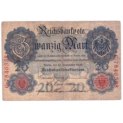 Germany 1909 20 Mark Note, Pick #37, VG (holes)