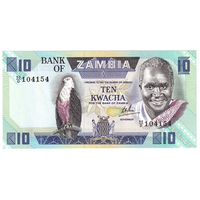 Zambia 1980-88 10 Kwacha Note, Pick #26d, Sign 6, UNC