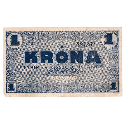Iceland 1941 1 Krona Note, Pick #22h, VF 