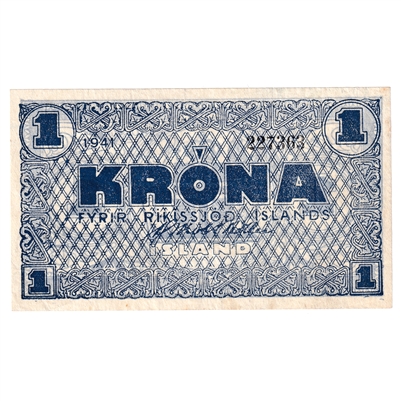 Iceland 1941 1 Krona Note, Pick #22h, EF 