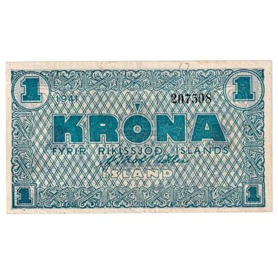 Iceland 1941 1 Krona Note, Pick #22b, AU 