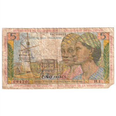 French Antilles Note Pick #7b 1964 5 Francs, Sign 2, Very Fine (damaged)