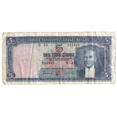 Turkey 1961 5 Lira Note, Pick #173a, VF 