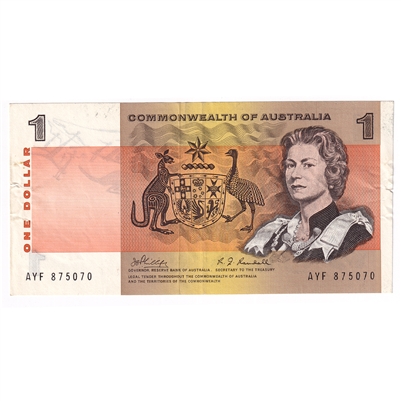 Australia Note Pick #37c 1969 1 Dollar, EF-AU (tears)