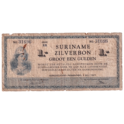 Suriname 1947 1 Gulden Note, Pick #105d, Fine (damaged)