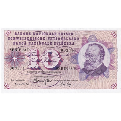 Switzerland 1969 10 Fraken Note, Pick #45o, UNC 