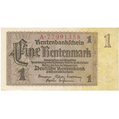 Germany 1937 1 Rentenmark Note, Pick #173b, F-VF