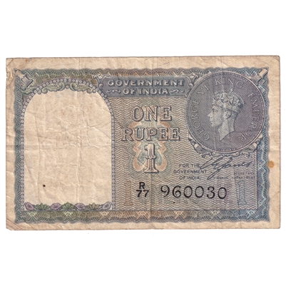 India Note Pick #25a 1940 1 Rupee, Fine (stain)