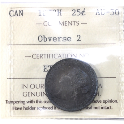 1872H Obv. 2 Canada 25-cents ICCS Certified AU-50. Deep Consistent Violet Tones!