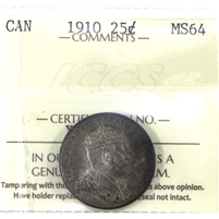 1910 Canada 25-cents ICCS Certified MS-64. Strong Strike Details!