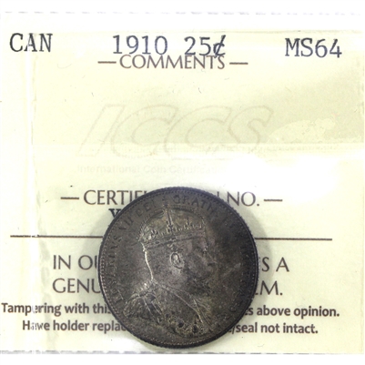 1910 Canada 25-cents ICCS Certified MS-64. Strong Strike Details!