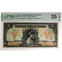 695-18-10 1919 Standard Bank of Canada $5 Francis-McLeod, PMG Certified VF-25