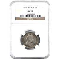 1910 Canada 25-cents NGC Certified AU-55