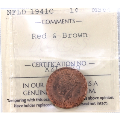 1941C Newfoundland 1-cent ICCS Certified MS-64 Red & Brown