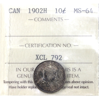 1902H Canada 10-cents ICCS Certified MS-64