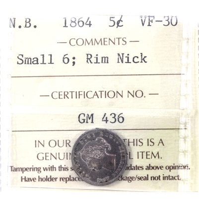 1864 Small 6 New Brunswick 5-cents ICCS Certified VF-30 (Rim Nick)
