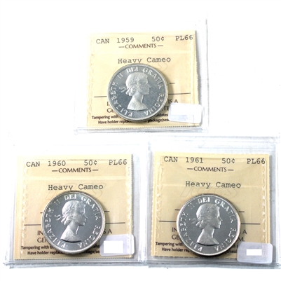 1959, 1960 & 1961 Canada 50-cents ICCS Certified PL-66 Heavy Cameo, 3Pcs