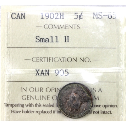 1902H Small H Canada 5-cents ICCS Certified MS-65