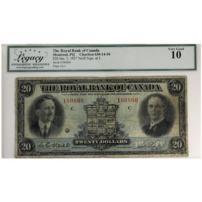 630-14-10 1927 Royal Bank $20 Neill Signature at Left, Legacy Certified VG-10