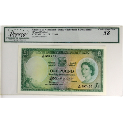 Rhodesia & Nyasaland 1960-61 1 Pound Pick #21b, Legacy Cert. AU-58 (Small Tear)