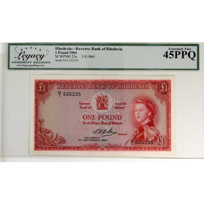 Rhodesia 1964 1 Pound Pick #25a, Legacy Certified EF-45 PPQ