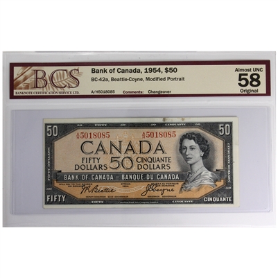 BC-42a 1954 Canada $50 Beattie-Coyne Changeover A/H BCS Certified AU-58 Original