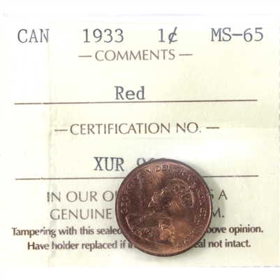 1933 Canada 1-cent ICCS Certified MS-65 Red. Scarce at this Grade Point!