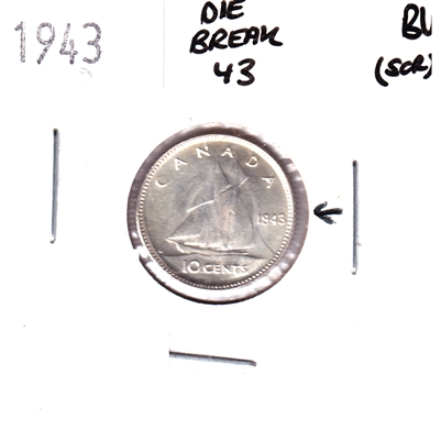 ERROR 1943 Canada 10-cents Brilliant Uncirculated (MS-63) Die Break 43