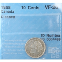 1858 Canada 10-cents CCCS Certified VF-20 (Cleaned)