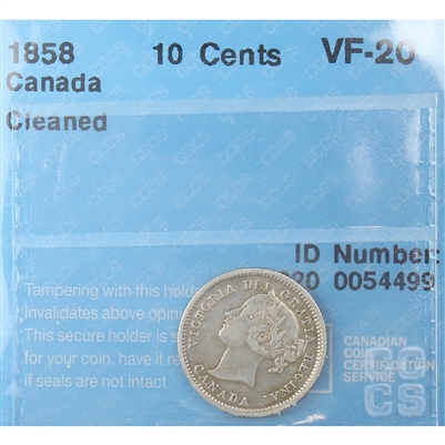 1858 Canada 10-cents CCCS Certified VF-20 (Cleaned)