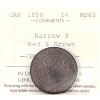 1859 Narrow 9 Canada 1-cent ICCS Certified MS-63 Red & Brown
