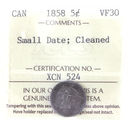 1858 Small Date Canada 5-cents ICCS Certified VF-30 (Cleaned)