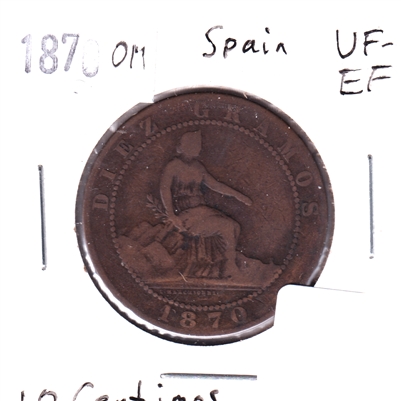 Spain 1870OM 10 Centimos VF-EF (VF-30)