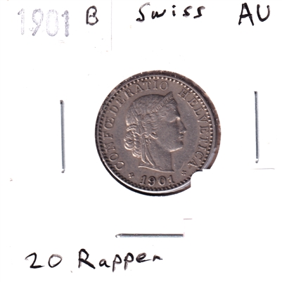 Switzerland 1901B 20 Rappen Almost Uncirculated (AU-50)