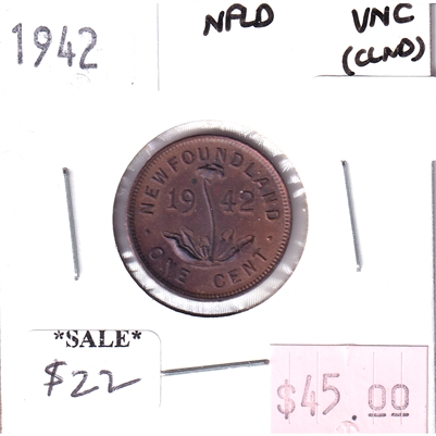 1942 Newfoundland 1-cent Uncirculated (MS-60) cleaned