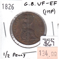 Great Britain 1826 1/2 Penny VF-EF (VF-30) impaired