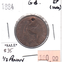 Great Britain 1884 1/2 Penny Extra Fine (EF-40) hole