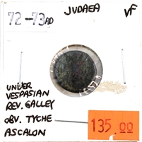 Ancient Judaea 72-73AD Under Vespasian Rev. Galley Obv. Tyche Ascalon Very Fine (VF-20)