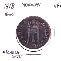 Norway 1918 5 Ore, Iron, Very Fine (VF-20) Scarce Date
