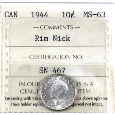 1944 Canada 10-cents ICCS Certified MS-63 (Rim Nick)