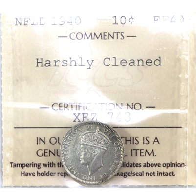 1940 Newfoundland 10-cents ICCS Certified EF-40 Harshly Cleaned