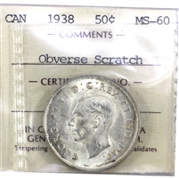 1938 Canada 50-cents ICCS Certified MS-60 (Obverse Scratch)